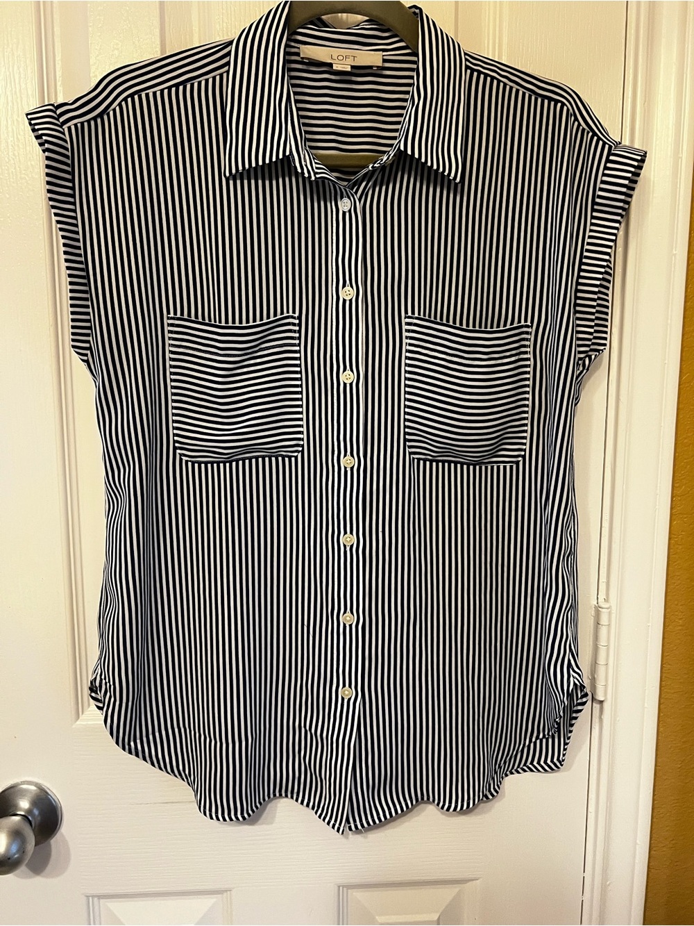 ⚓ LOFT Blue & White Vertical Stripe Cap-Sleeve Nautical Coastal Shirt, Size S